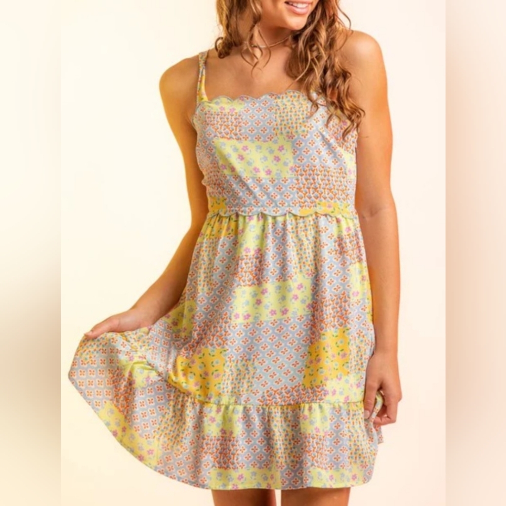 Very J Multicolor Patchwork Silk Feel Delicate Embroidery Mini Dress